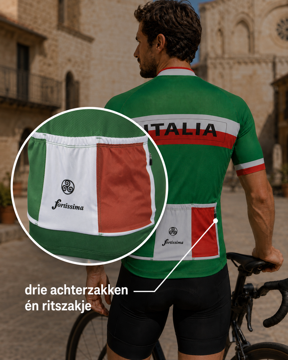 Close-up van het verborgen ritszakje aan de achterzijde van het Retro Italia wielershirt.
