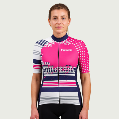 Roze tropical style wielershirt gedragen door vrouw - voorkant
