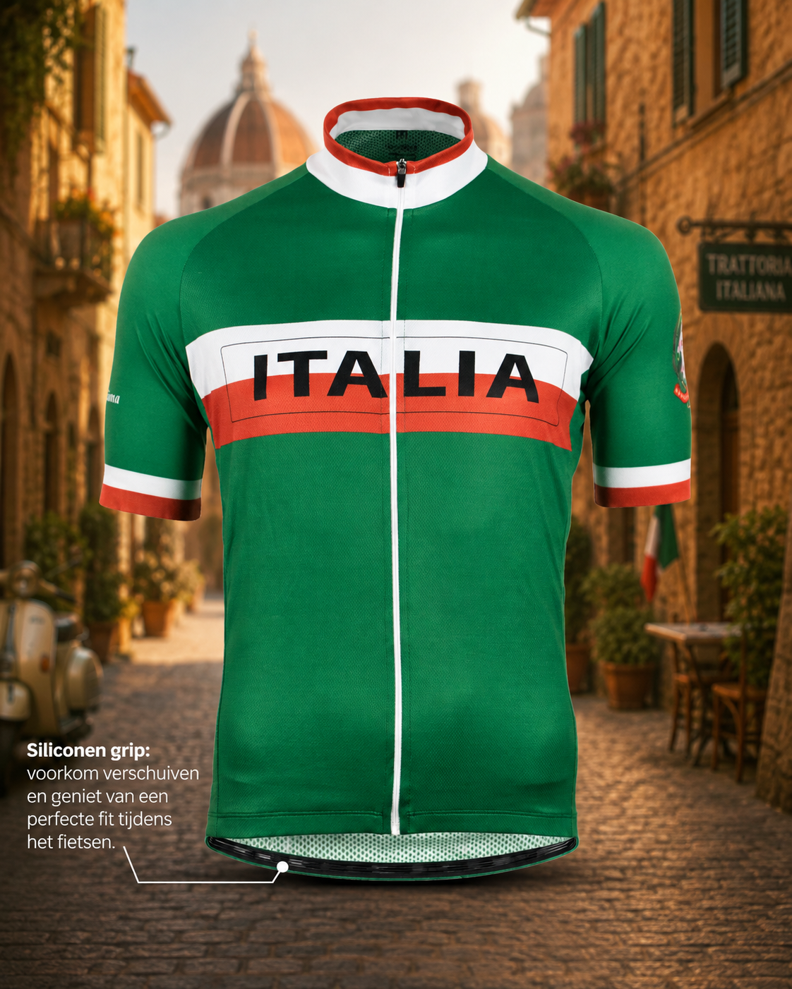 Retro Italia wielershirt met korte mouwen in groen, wit en rood met siliconen grip.