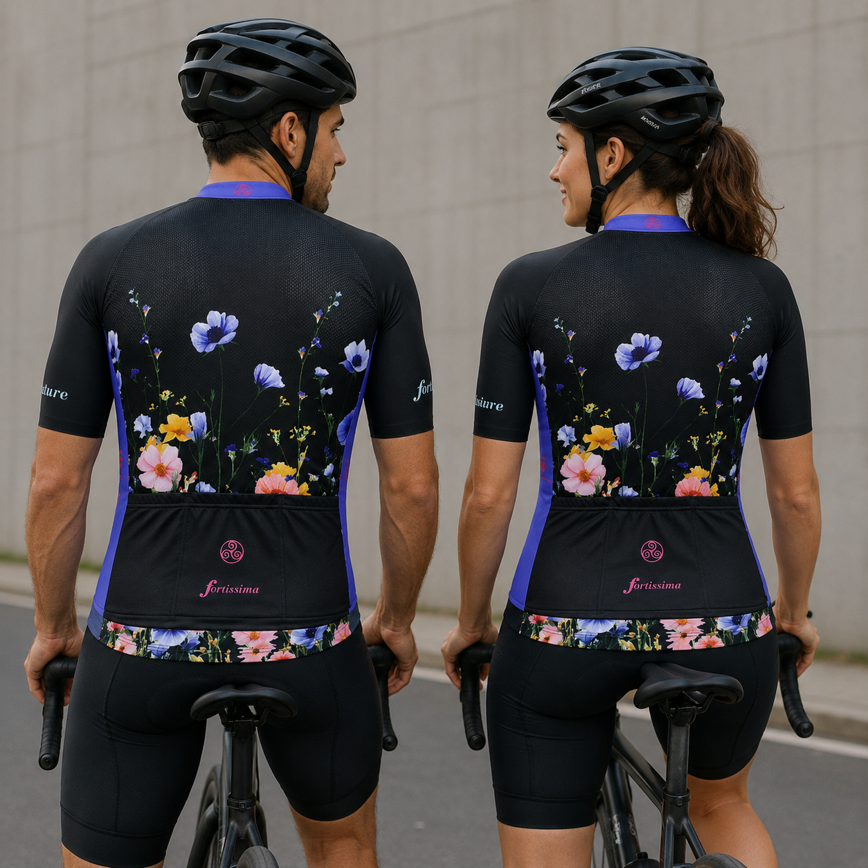 Wielershirt korte mouw heren en dames - bloemenpatroon - flowers korte mouw fietsshirt op model achterkant