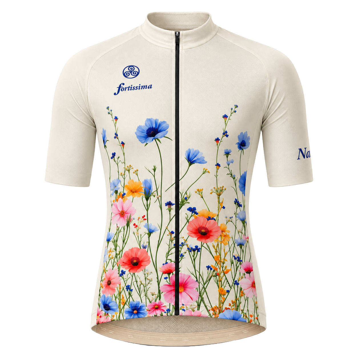 Wit-crème wielershirt van Fortissima met bloemenprint van blauwe, roze en oranje veldbloemen onderaan, blauw logo en 'fortissima' tekst op de borst, korte mouwen, volledige rits