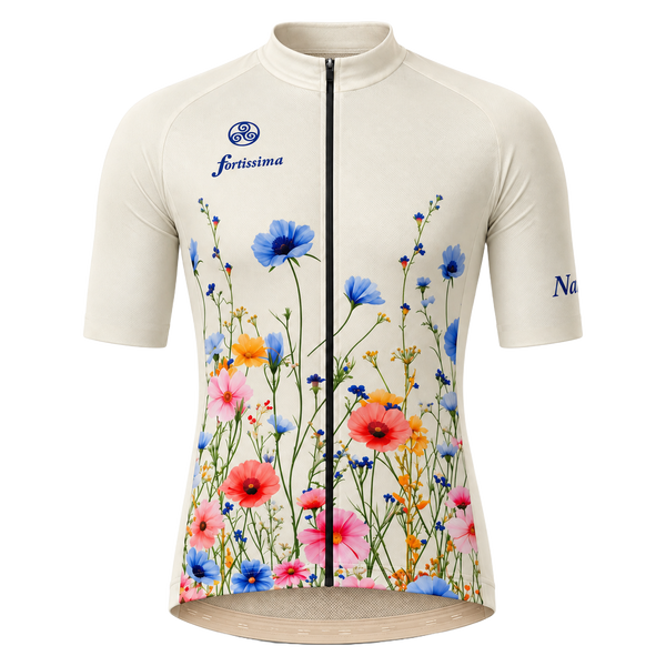 Wit-crème wielershirt van Fortissima met bloemenprint van blauwe, roze en oranje veldbloemen onderaan, blauw logo en 'fortissima' tekst op de borst, korte mouwen, volledige rits