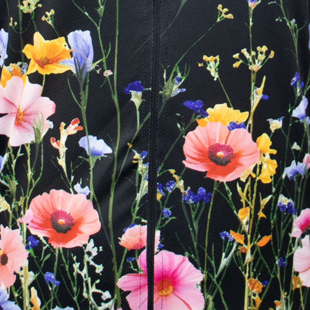 Wielershirt korte mouw heren en dames - bloemenpatroon - flowers korte mouw fietsshirt - detail