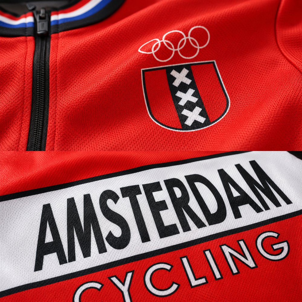 Close-up van een rood retro Amsterdam wielershirt met ademende premium stof, zwarte ritssluiting en het iconische Amsterdam-logo en Amsterdam Cycling-opdruk