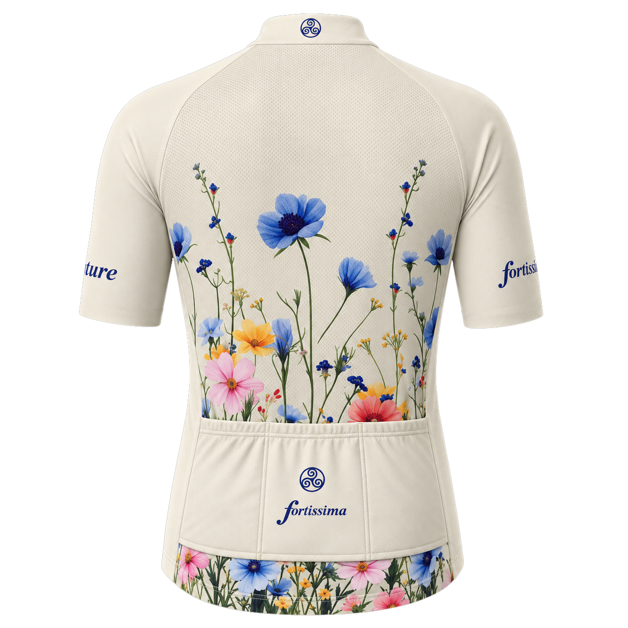Wit-crème wielershirt van Fortissima met bloemenprint van blauwe, roze en oranje veldbloemen onderaan, blauw logo en 'fortissima' tekst op de borst, korte mouwen, volledige rits, achteraanzicht