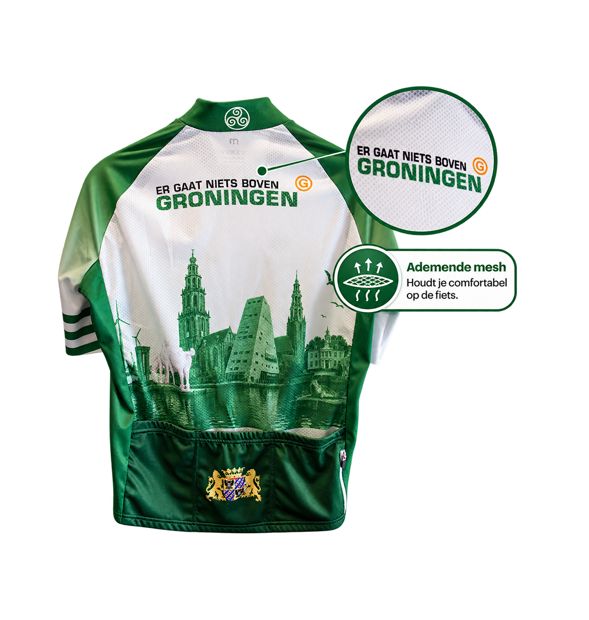 Detail ademende mesh stof aan de rugzijde van het Fortissima wielershirt Groningen