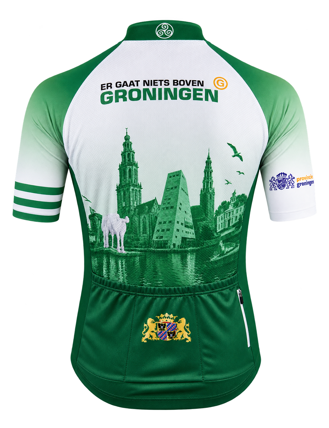 Fortissima wielershirt Groningen achterkant met provincieprint en landmarks