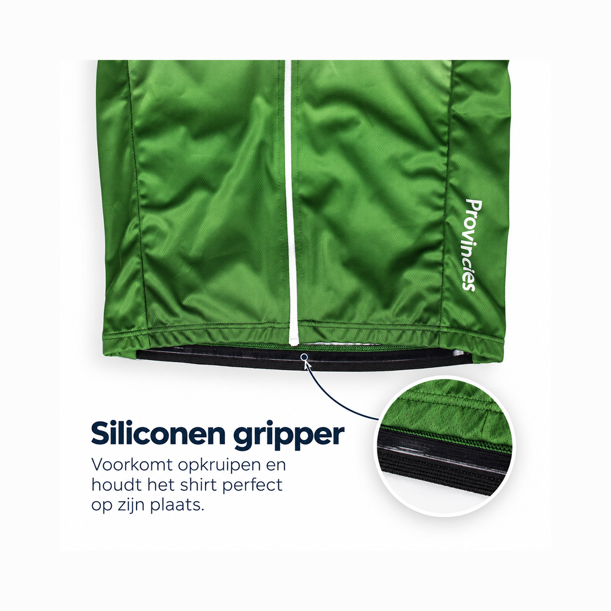 Detail siliconen gripper in de taille van het Fortissima wielershirt Groningen
